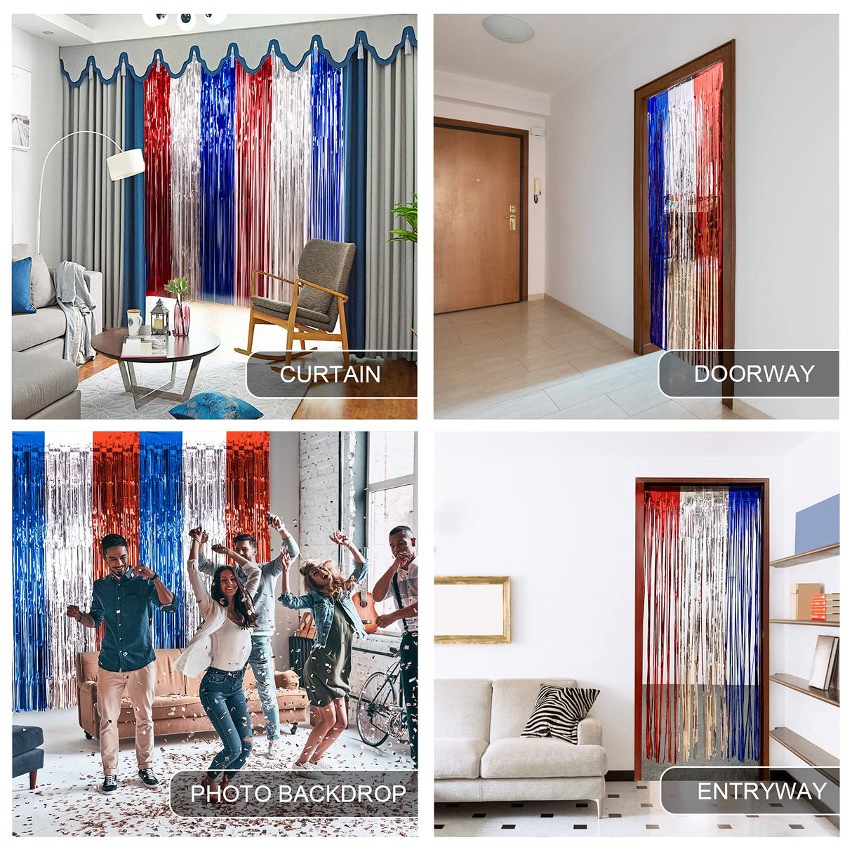 LOLStar 4th of July Decorations,Red White and Blue 3 Pack Tinsel Foil Fringe Curtains,4th of July Photo Booth Prop Streamer Backdrop for America Patriotic Party,Memorial Day,Independence Day,Labor Day LOLStar