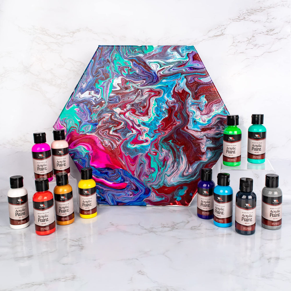 WA Portman 12-Pc Ready To Pour Acrylic Pouring Paint Supplies - 2oz/60ml Bottles of Acrylic Paint Sets for Adults and Kids for Canvas Painting W.A. Portman