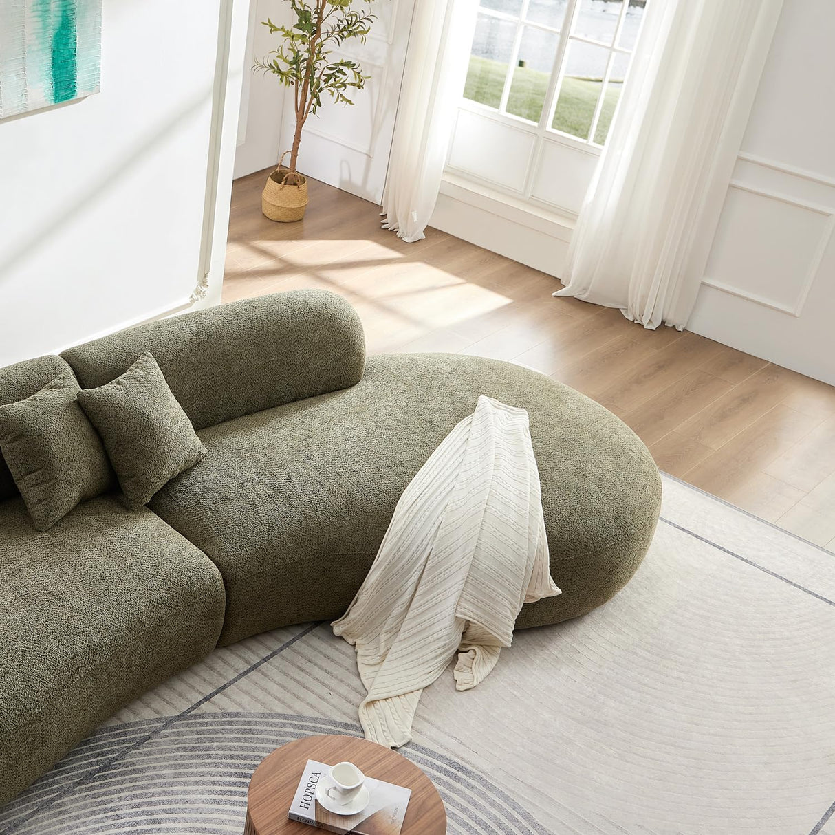 YOPENG 135.4" Curved Sofa Couch, Modern Curved Sectional Sofa, Oversized Luxury Boucle Couches Modular Upholstered with Chaise & 2 Pillows 6 Seater Sofas for Living Room,Offce,Right Facing,Green YOPENG