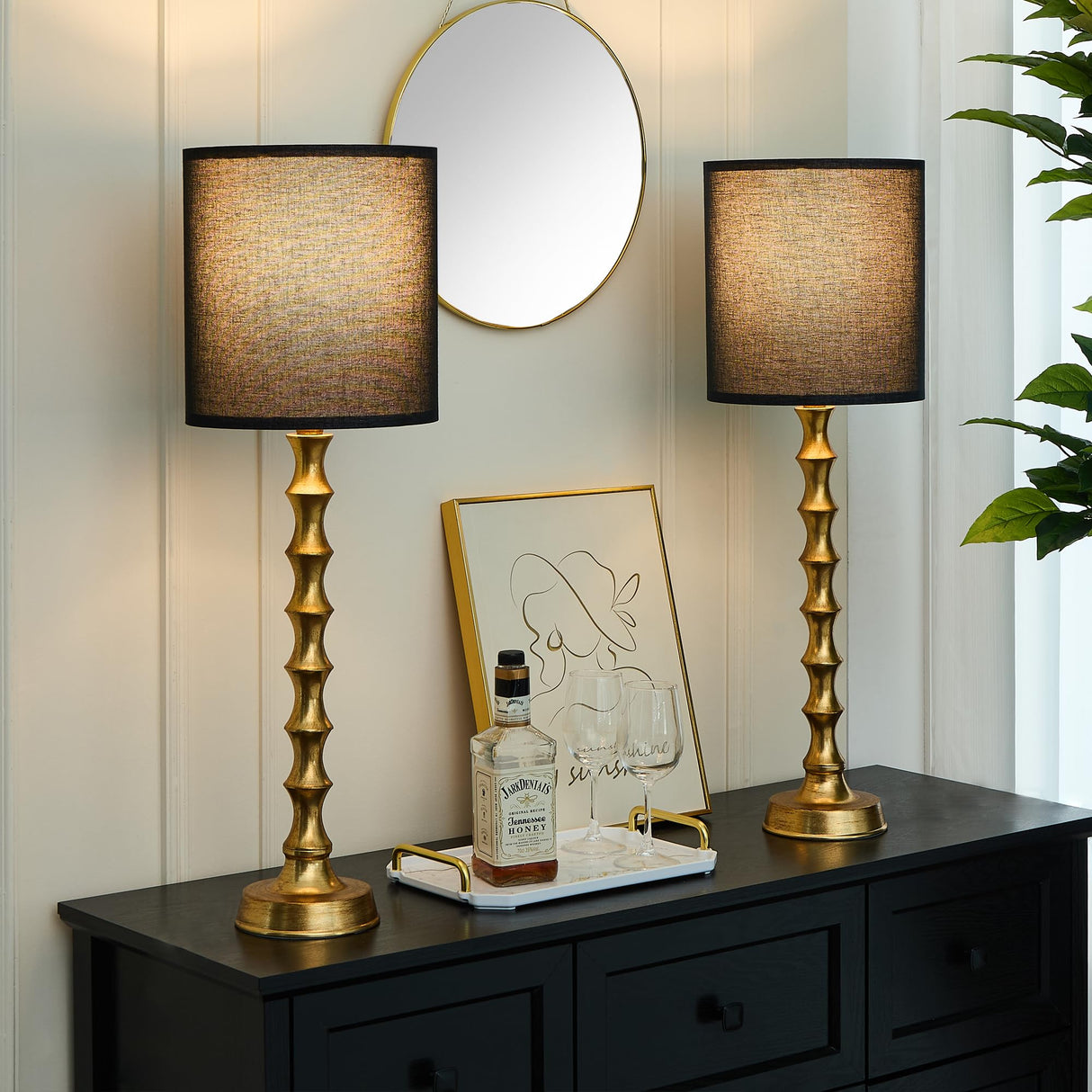 EUO 30.5" Gold Buffet Lamps Set of 2 with Black Shade, Buffet Table Lamps Set of 2 for Living Room, Black Gold Lamps for Dining Room, Gold Bamboo Lamps for Credenza, Black/Gold EUO