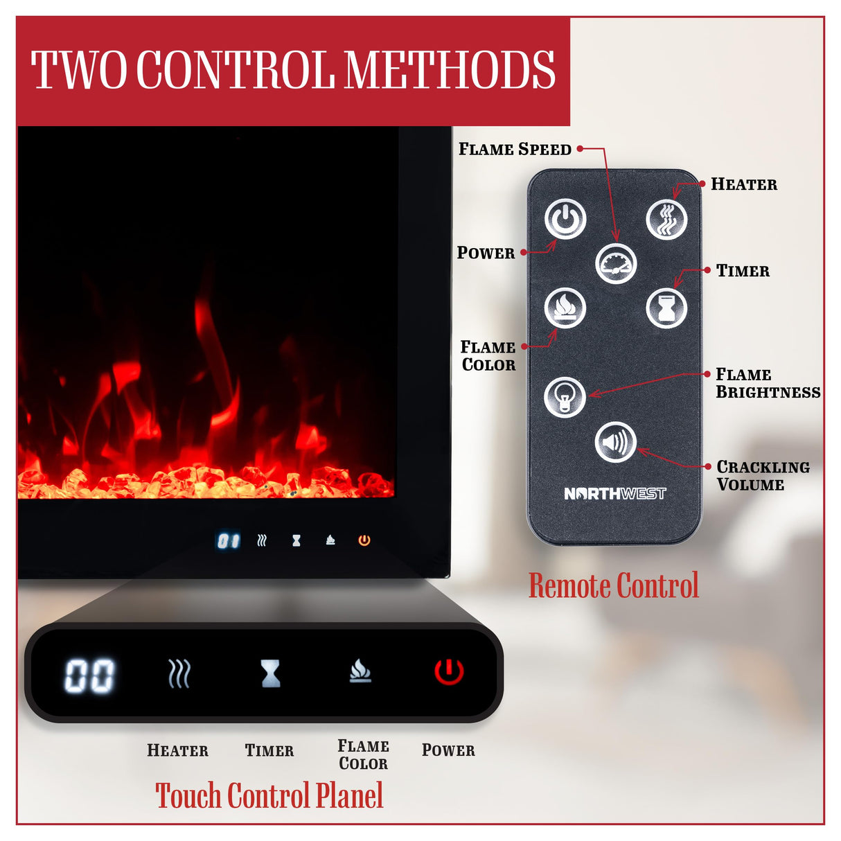 Northwest Electric Fireplace - 42 Inch Wall Mounted Fireplace with Fire Crackling Sounds and Remote to Adjust LED Flames, Timer, Heat, and More Northwest