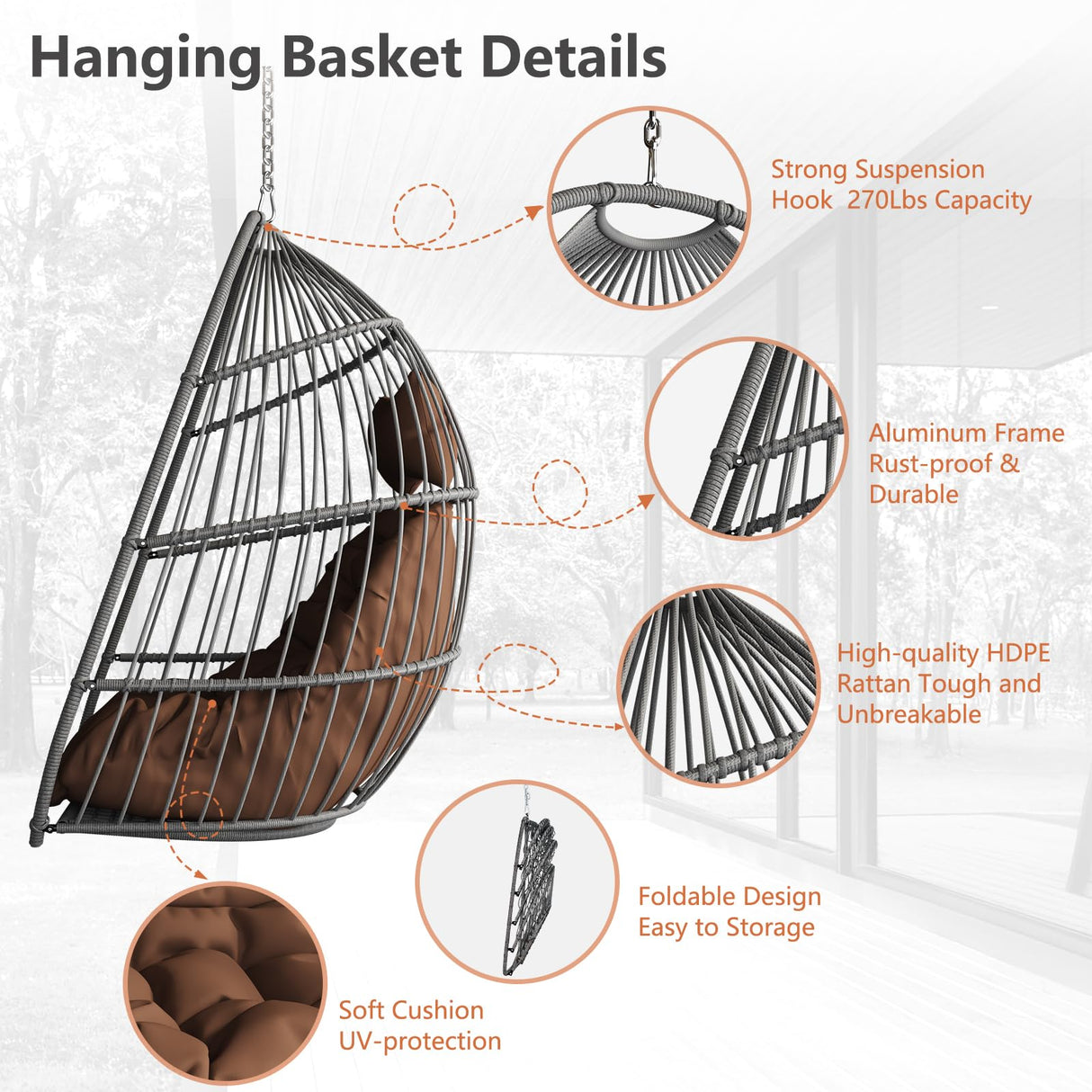 Hanging Egg Chair Without Stand, HDPE Rattan Foldable Swing Chair with Aluminum Frame & UV Resistant Cushion, Hammock Egg Basket for Indoor Outdoor Bedroom Garden, 350Lbs Capacity (Coffee) DAIJIA CHINA