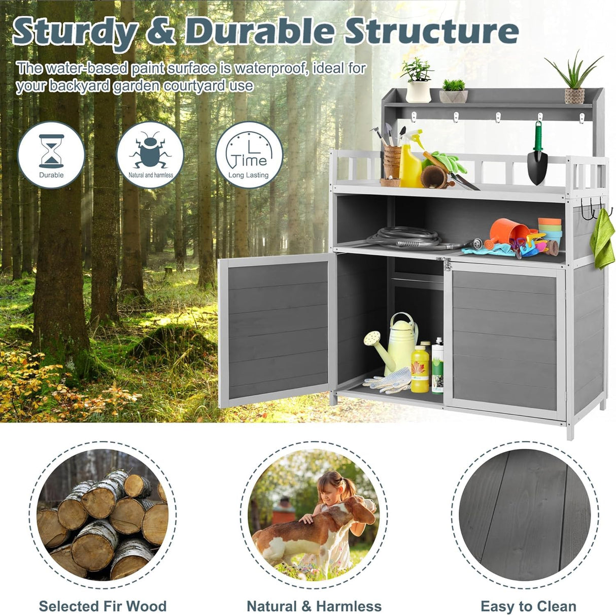 GRAVFORCE Outdoor Potting Bench Table, Garden Potting Benches for Outside Planting Work Bench Table Wooden Storage Plant Table Cabinet Gardening Table for Patio, Garden, Greenhouse, Backyard (Gray) GRAVFORCE