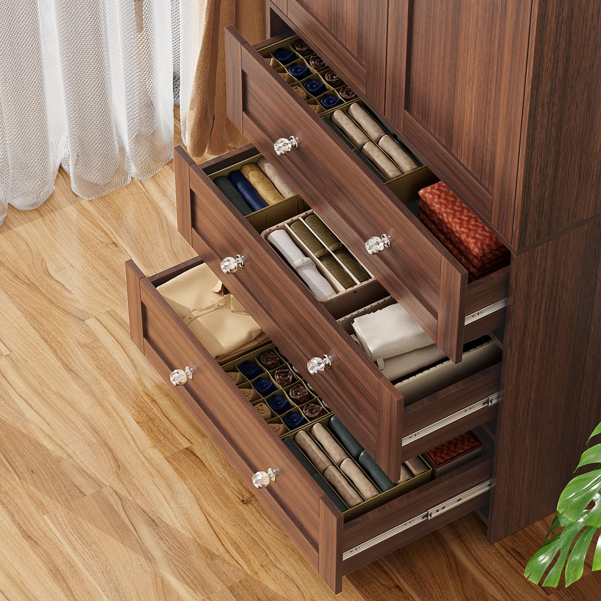 VOWNER Armoire Wardrobe Closet with Drawers and Mirror, 71" Clothing Storage Cabinet with Hanging Rod, 2 Doors Wooden Wardrobe Cabinet for Bedroom (Walnut, 18.9" D x 31.5" W x 71" H) VOWNER