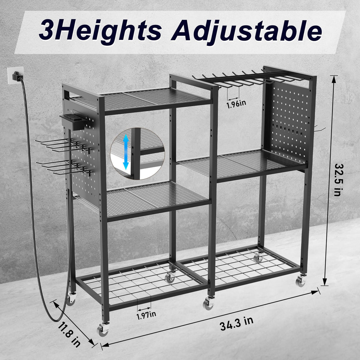 Goyappin 6-Tier Large Power Tool Organizer Cart with Charging Station, Heavy-Duty Garage Rolling Tool Cart with 6 Wheels, 8 Hooks & Adjustable Shelves, Holds 700LBS+ Goyappin