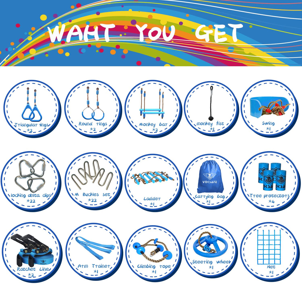 VOKSAFE 56' Weatherproof Ninja Warrior Hanging Obstacle Course Line Backyard Training Equipment Set for Kids, 12 Obstacles, Like Walking Line, Net, Swing VOKSAFE