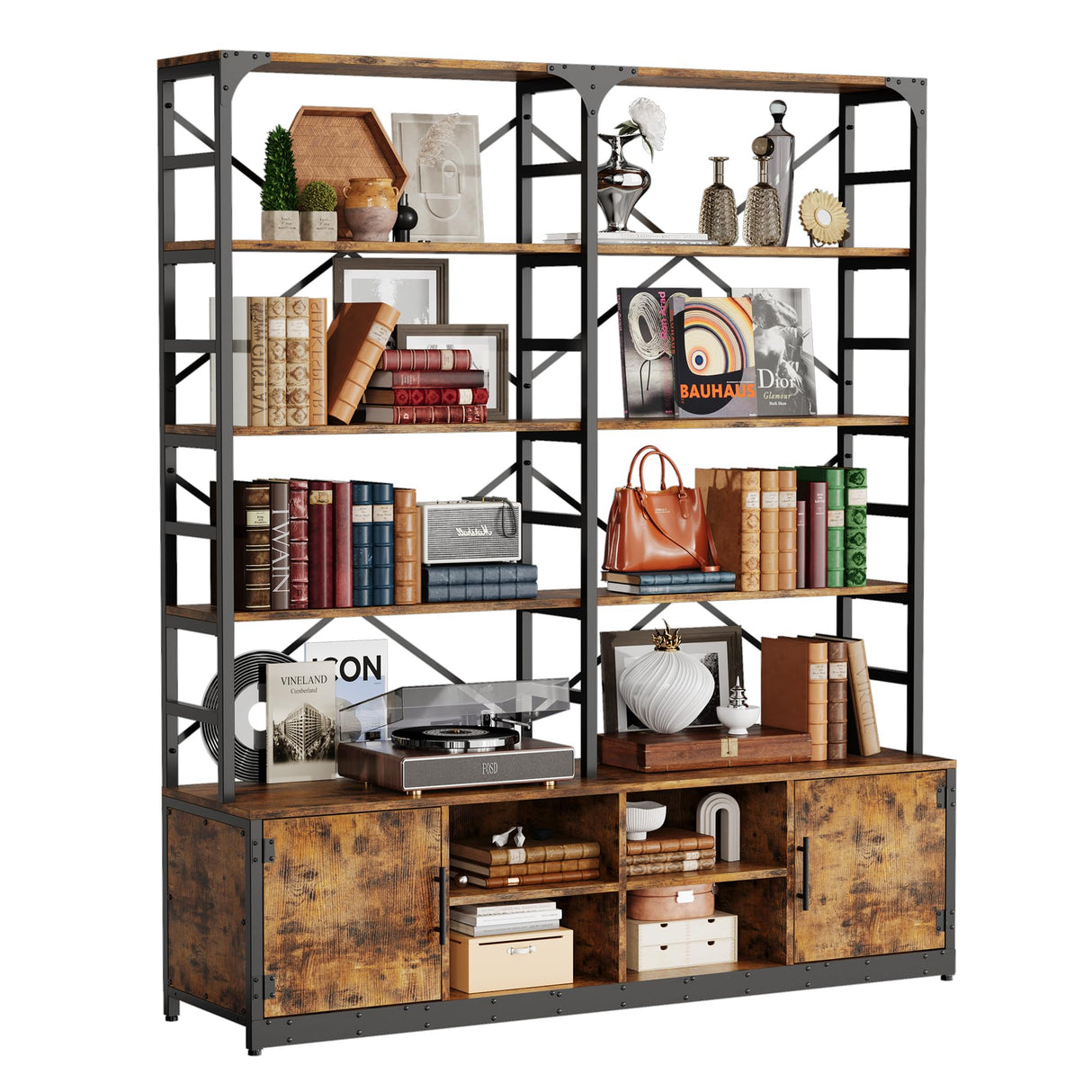 IRONCK Bookshelves 6 Tiers 73.1 inch Tall Industrial Bookshelf with Doors, Bookcase and Display Shelf, Open Storage Cabinet for Living Room, Home Office IRONCK