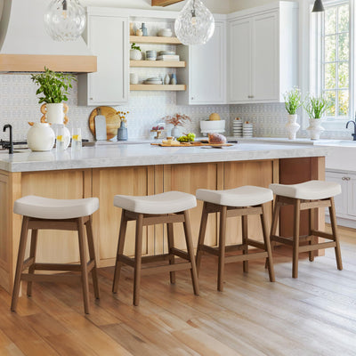 Cozyman Bar Stools Set of 4, Barstools with Sturdy Wood Legs, Saddle Seat Counter Height Bar Stools for Kitchen Counter, Bar, Dining, 24 Inch Farmhouse Counter Stools, Antique White Leather