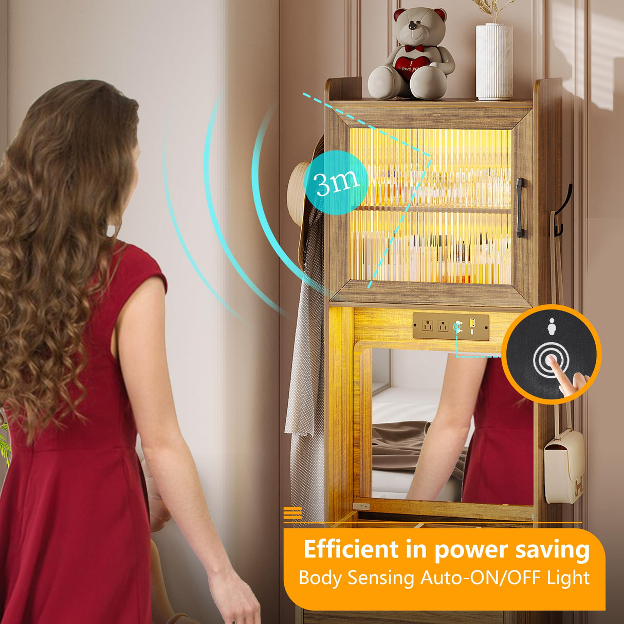 Vlsrka 70" H Vanity Desk with Mirror and Lights, Vanity Set with Hidden Stool, Drawers, Power Outlet, Makeup Dressing Table for Small Spaces, Brown Vlsrka