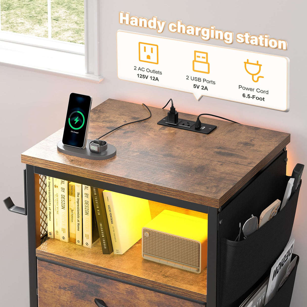 EnHomee Night Stand Set 2 with Charging Station, Tall Nightstand with 5 Drawers, LED Nightstands with USB Ports & Outlets, Night Stands with Extra Side Bag & Hooks, Side Table, Dresser, Bedroom, Brown EnHomee