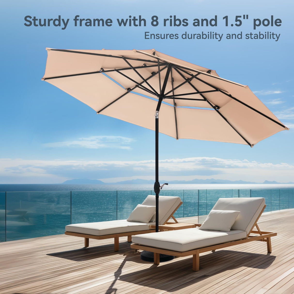 PHI VILLA 10ft Patio Umbrellas, Outdoor 3 Tier Vented Large Market Table Umbrella with 8 Sturdy Ribs and 1.5" Umbrellla Pole for Lawn Poolside Garden Terrace, Beige(No Base) PHI VILLA