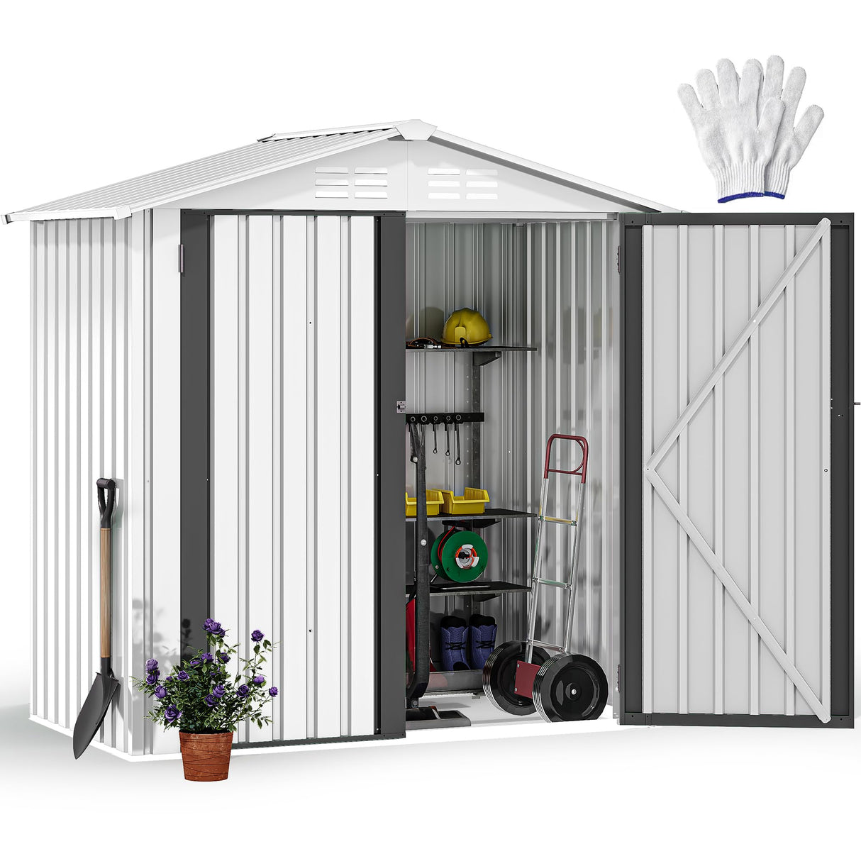 DWVO 6x4ft Metal Outdoor Tool Shed, Garden Storage Shed for Backyard, Lawn, and Patio, Heavy-Duty Storage Unit with Four Vents & Lockable Door for Storing Tools, Equipment & Trash Bins, White DWVO