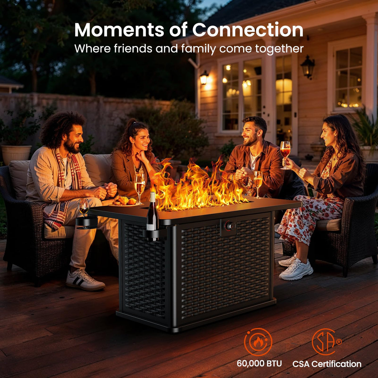 AMADA HOMEFURNISHING 43 Inch Propane Fire Pit Table, 60,000 BTU Gas Fire Pit with Lava Rocks, Waterproof Cover, Removable Lid, Cup Holders, 2-in-1 Fire Table for Patio, Backyard, Garden, Black AMADA HOMEFURNISHING