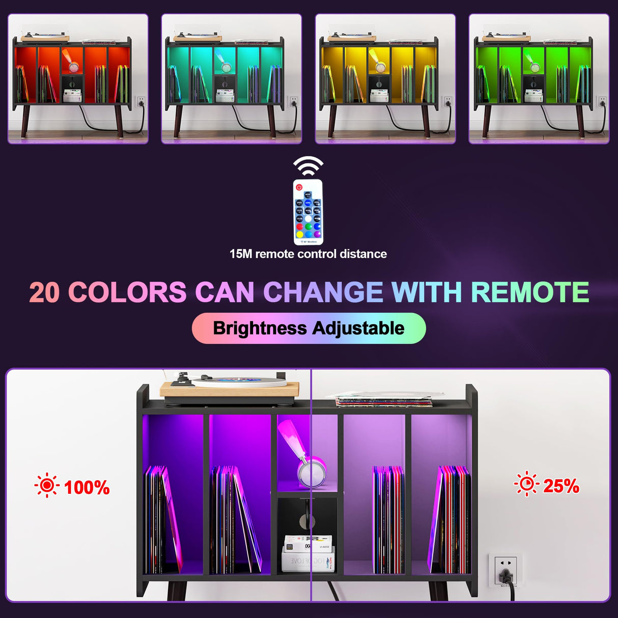 Clikuutory Large Record Player Stand, Vinyl Record Storage Cabinet with Power Outlet & LED Lights Holds Up to 200 Albums, Turntable Stand with Round Wood Legs for Bedroom, Living Room, Black Clikuutory