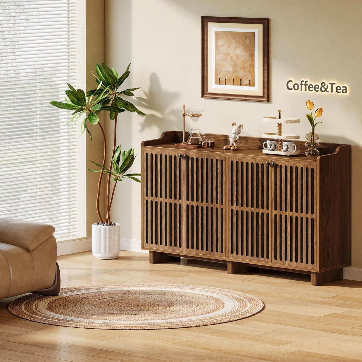 Tribesigns Sideboard Buffet Cabinet, 55-inch Farmhouse Kitchen Storage Cabinet with 4 Doors and Adjustable Shelves, Wood Credenzas Coffee Bar Cabinet for Living Room, Dining Room, Rustic Brown Tribesigns