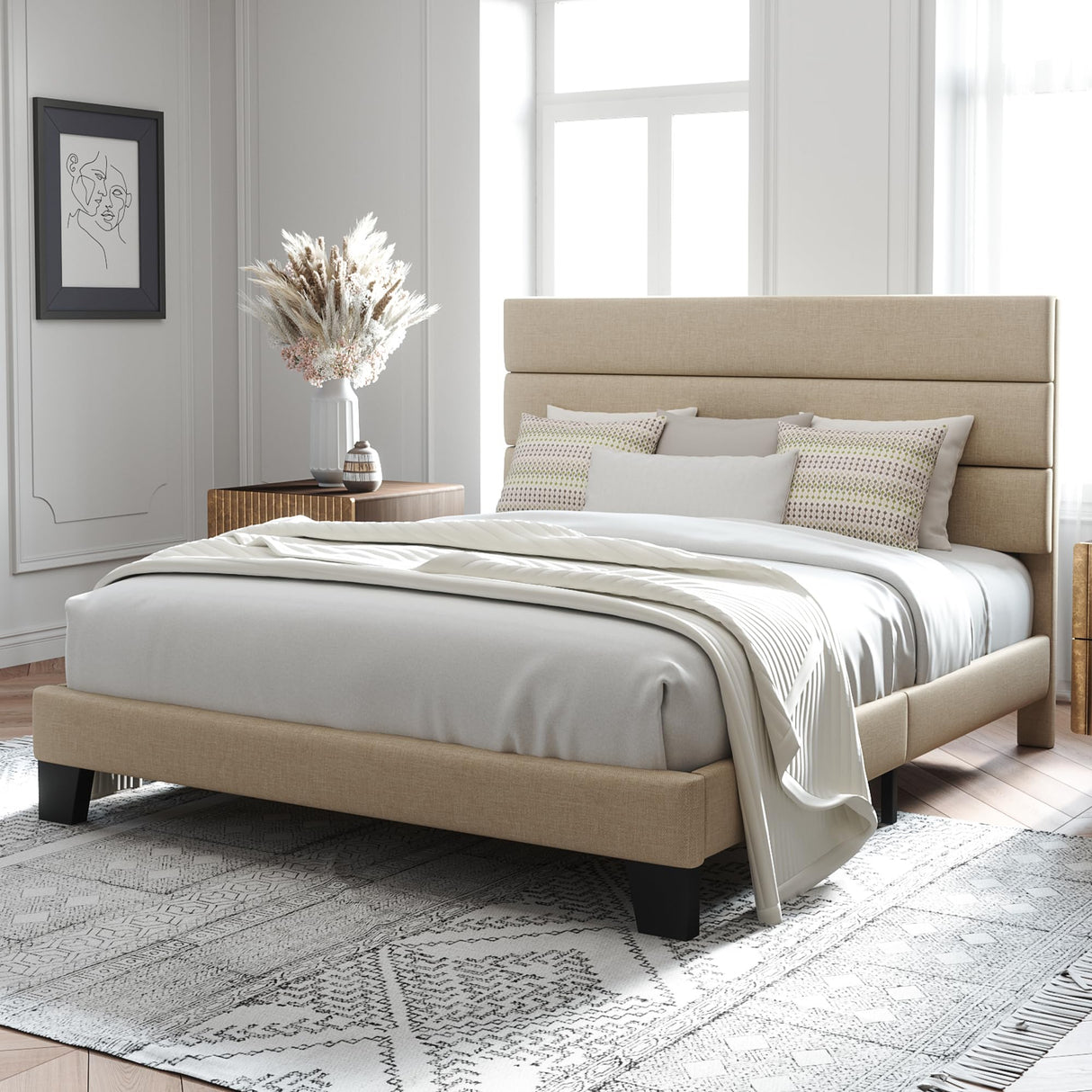 Allewie Queen Size Platform Bed Frame with Fabric Upholstered Headboard and Wooden Slats Support, Fully Upholstered Mattress Foundation/No Box Spring Needed/Easy Assembly, Beige Allewie