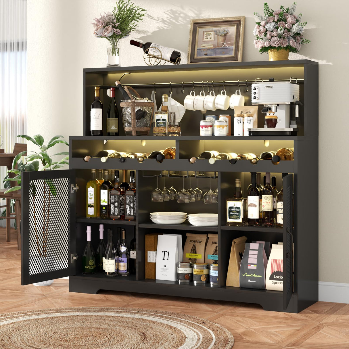 Loomie Wine Bar Cabinet with LED Light, Liquor Cabinet with Glass Holder, Coffee Bar Cabinet for Liquor, Storage Buffet Cabinet with Wine Racks, Wine Cabinet with Mesh Door (Black) Loomie