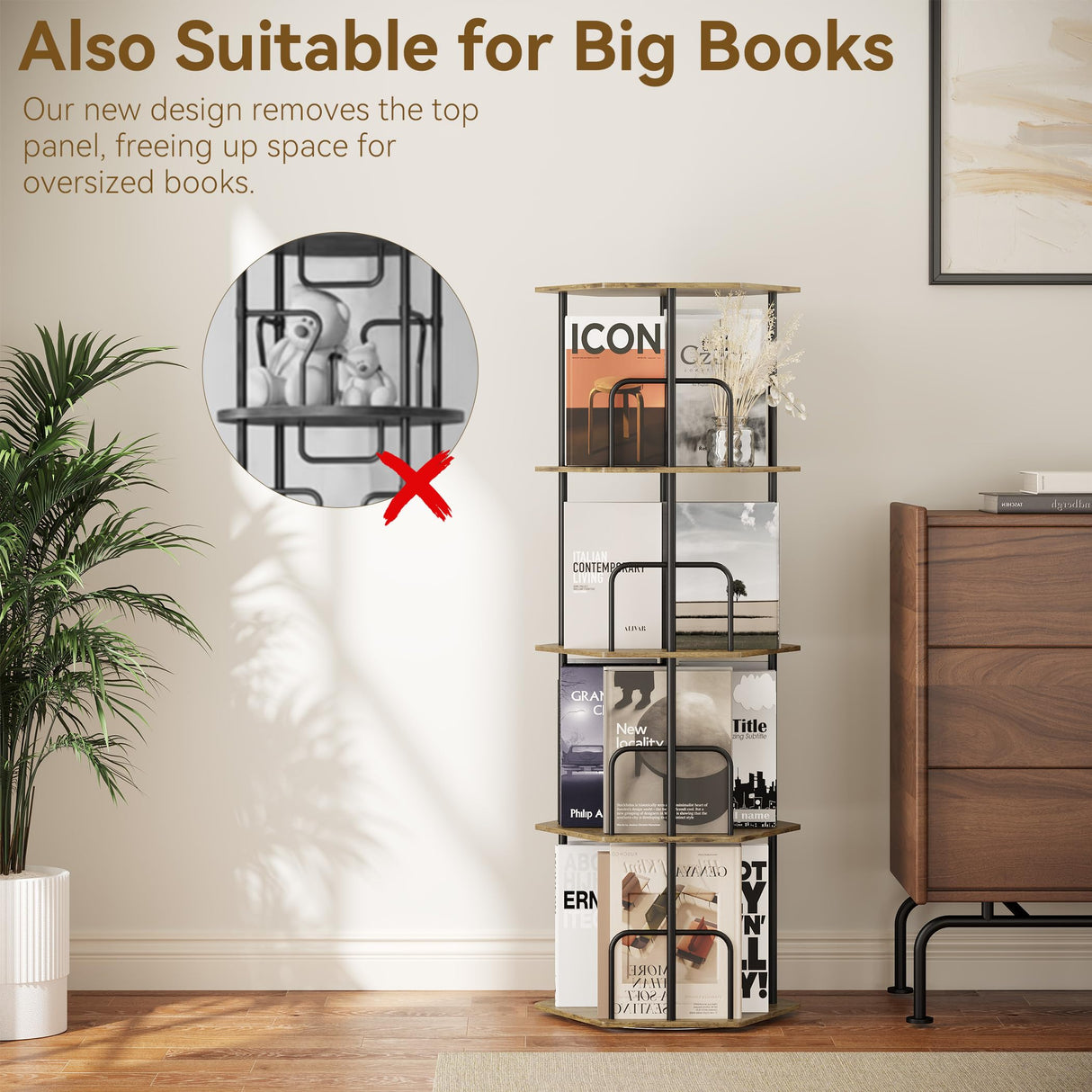 SUNMORY 4 Tier Rotating Bookshelf Tower, Revolving 360 ° Spinning Bookcase, Hexagonal Corner Book Shelf Storage Carousel, Vertical Rotate Turning Organizer Book Shelves for Living Room Office Bedroom SUNMORY