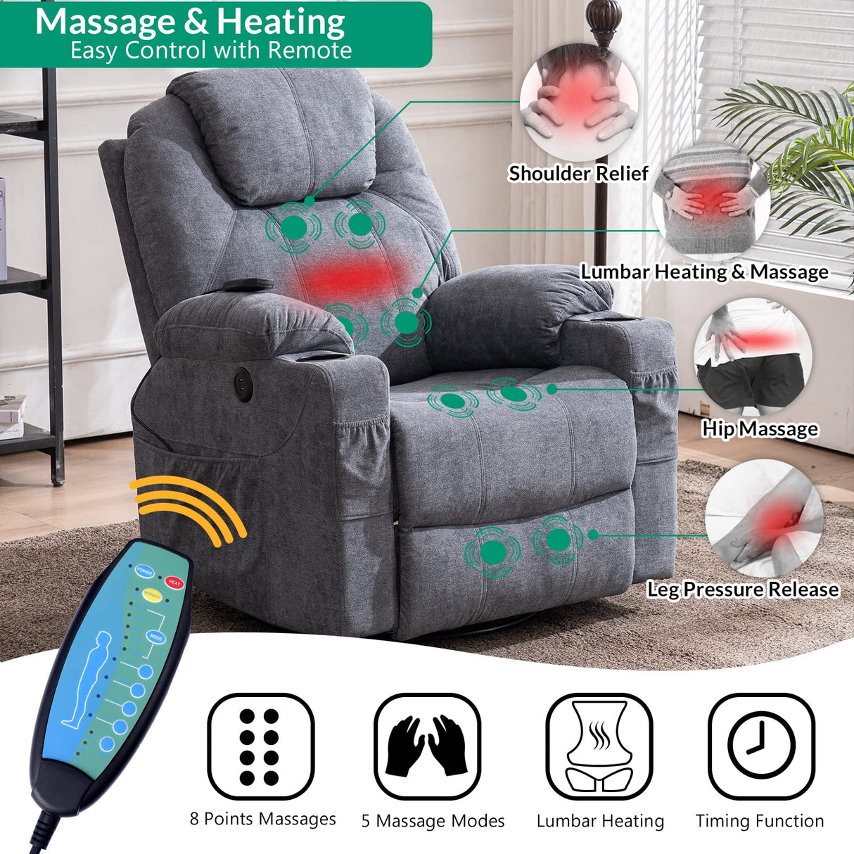 VIVIJASON Manual Massage Rocker Recliner Chair, 360° Swivel Glider Lounge Chair with Heat Ergonomic Home Theater Recliner Sofa with 2 Cup Holders, Side Pockets & USB Ports for Living Room, Grey VIVIJASON
