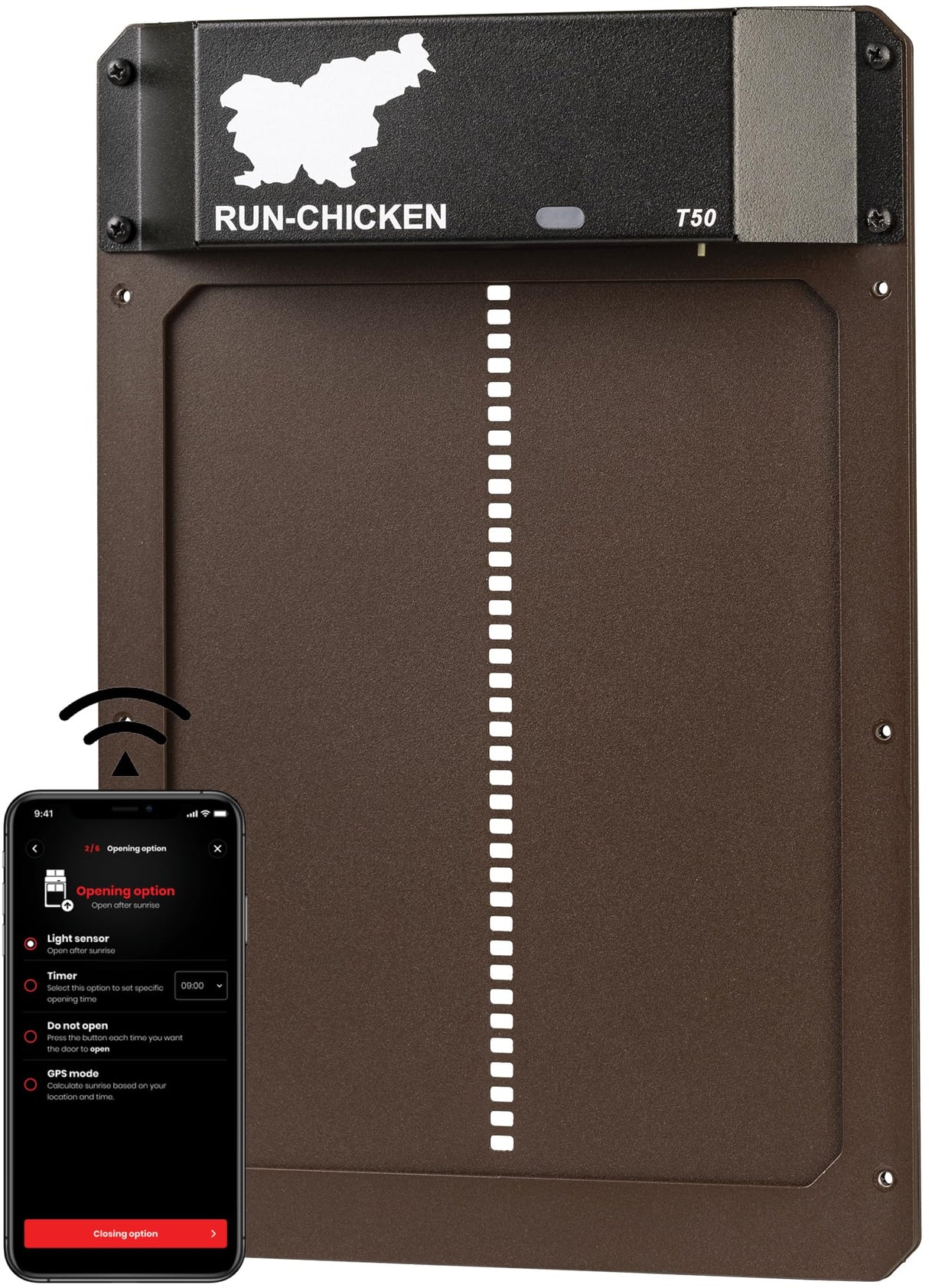 RUN-CHICKEN Door (Brown) Automatic Chicken Coop Door, Programmable with App, Battery Operated, Evening and Morning Delay, Aluminum Door, Electric Chicken Run Door, Model T50 RUN-CHICKEN