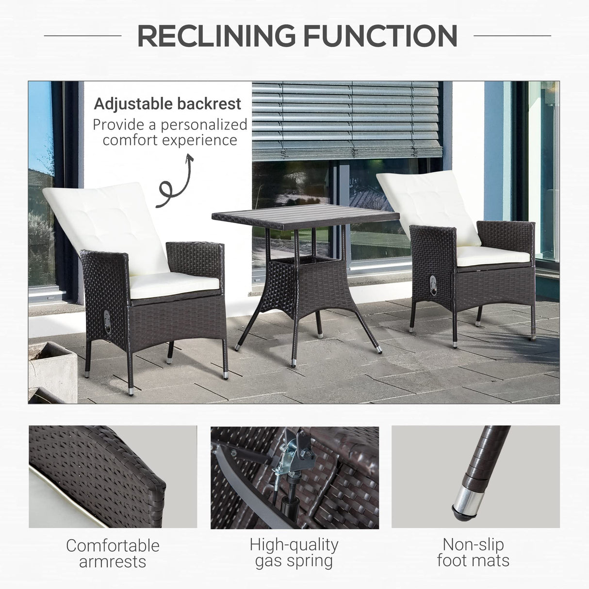 Outsunny 3 Piece Patio Bistro Set, Outdoor PE Wicker Furniture Conversation Set with Tufted Cushion Reclining Chairs & Coffee Table for Backyard, Lawn, Porch, Poolside, Balcony, Cream White Outsunny