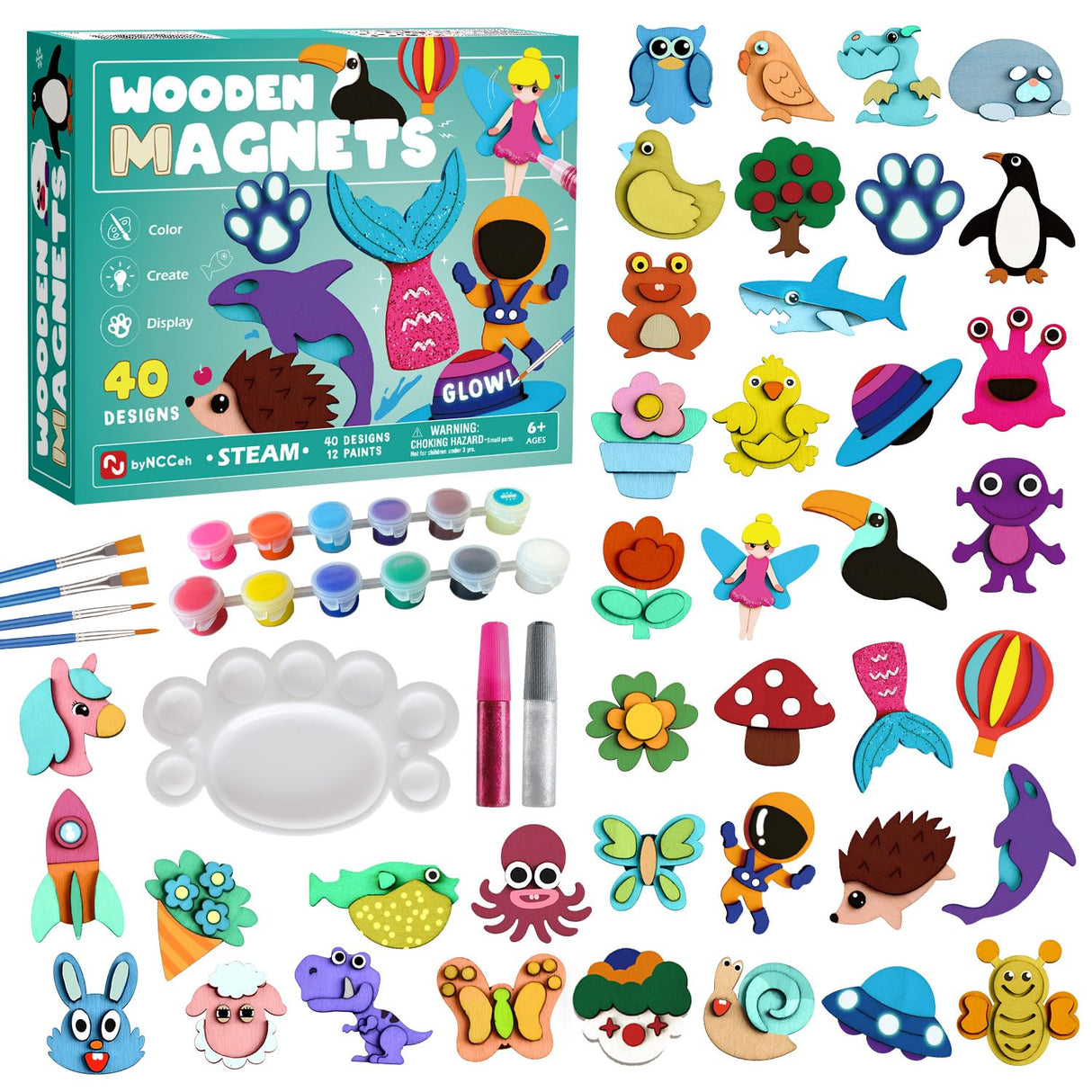 Byncceh DIY Wooden Magnets, 40 pcs Magic Magnetic Paint Set, Wood Arts and Crafts Painting Kit for Kids, Make Your Own Fridge Magnets Craft Kits Party Favors Gifts Toys for Girls Boys Ages 6-8 8-12 Byncceh