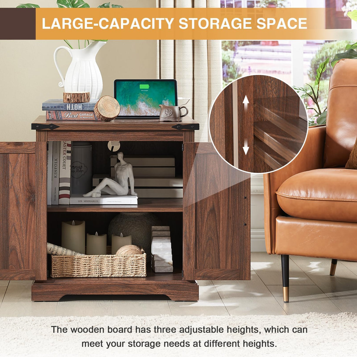 Barnyatoh Farmhouse End Table with Charging Station,24" Large Sofa Side Table with Barn Door, Rustic Wood Square Nightstand Bedside Table with Adjustable Storage Shelf for Living Room, Bedroom,Walnut Barnyatoh