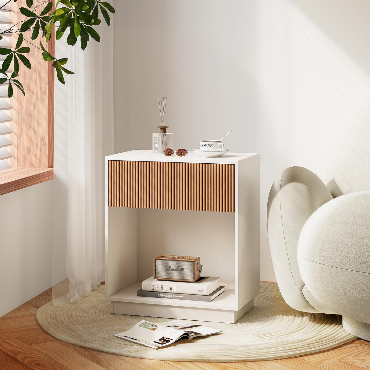 Fluted Nightstands Set of 2, Modern Bedside Table with Drawer and Storage Shelf, Wood End Table Mid Century Night Stands for Bedroom Living Room Sofa Couch Office (White+Oak) INNOD