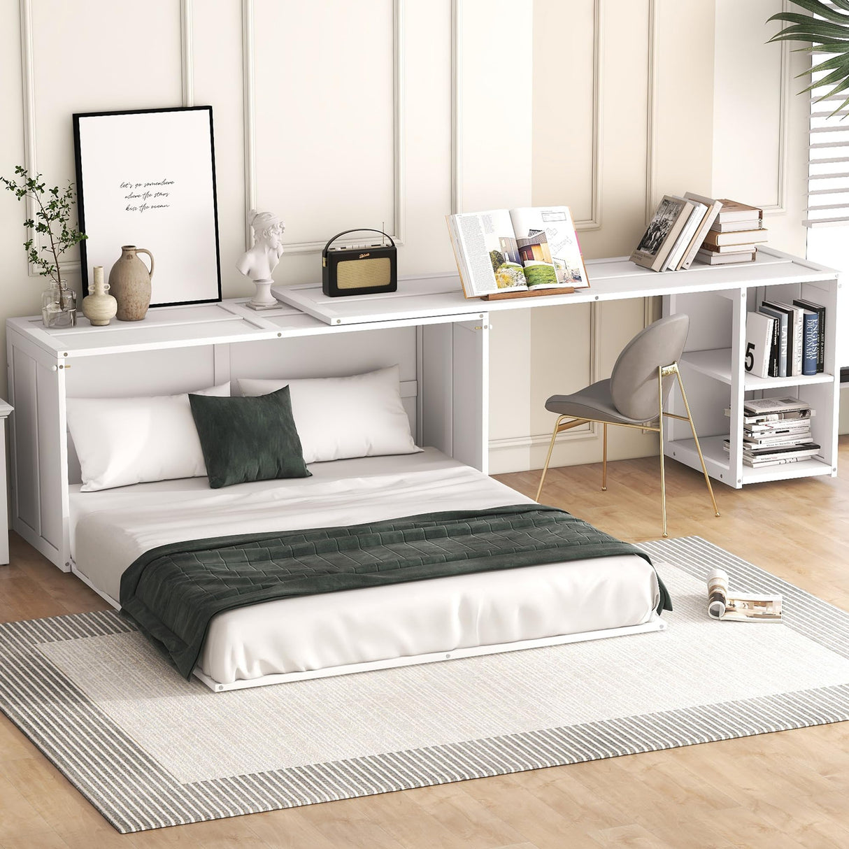Queen Size Murphy Bed with Rotatable Desk, 3 in 1 Floor Bed Frame with Cabinet & Workstation Murphy Bed Cabinet Bed Murphy Bed Queen Hidden Murphy beds Murphy Cube Cabinet Bed(White) Bellemave