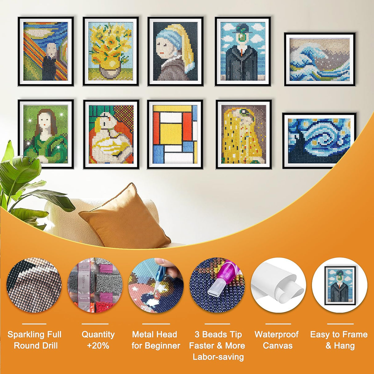 vidonio 10pcs Diamond Painting Kits,5D DIY Round Full Drill Diamond Painting Art Set of Famous Art Work Diamond Art Kits for Adults Beginners,Classical Art Diamond Kits for Home Wall Decor Gift vidonio