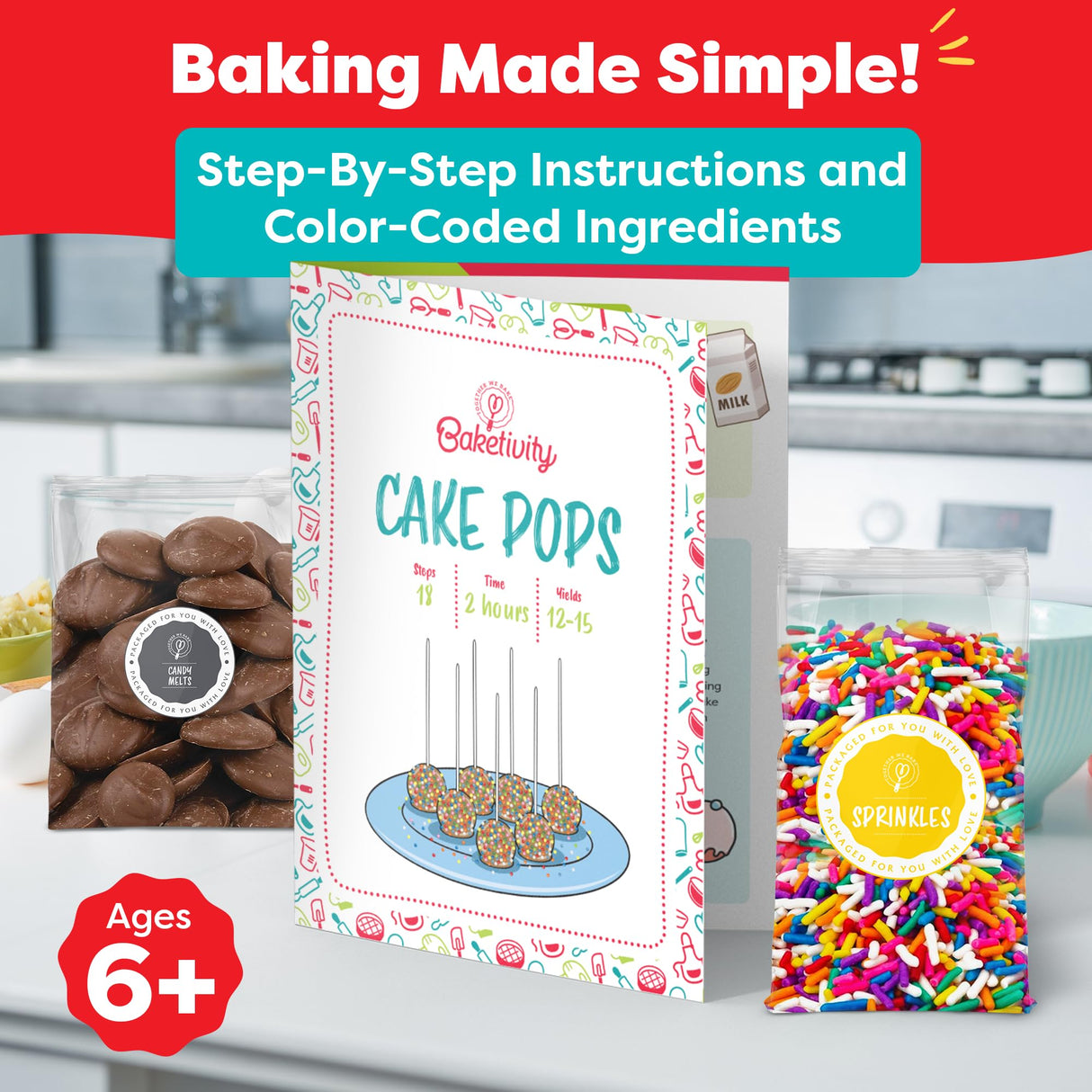Baketivity DIY Cake Pop Baking Kit for Kids - Premeasured Ingredients, Decorating Supplies Baketivity
