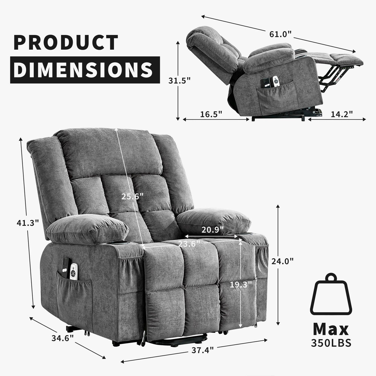 Power Lift Recliner Chair for Elderly Overstuffed Large Electric Lift Chair with Heat and Massage for Big and Tall Adults Reclining Sofa Chair with 2 Cup Holders, Side Pockets, USB Charge Port, Gray WARMTOBABY