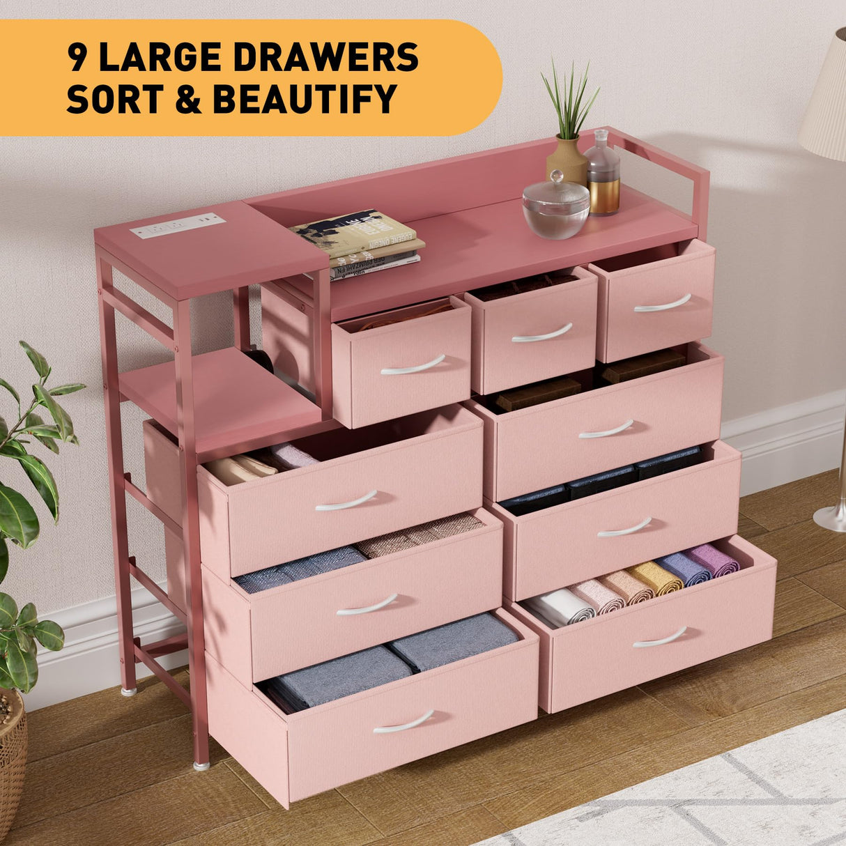 GAOMON Dresser TV Stand with Power Outlet, Bedroom Dresser with 9 Drawers, Chest of Drawers for Living Room, Hallway(Pink) GAOMON