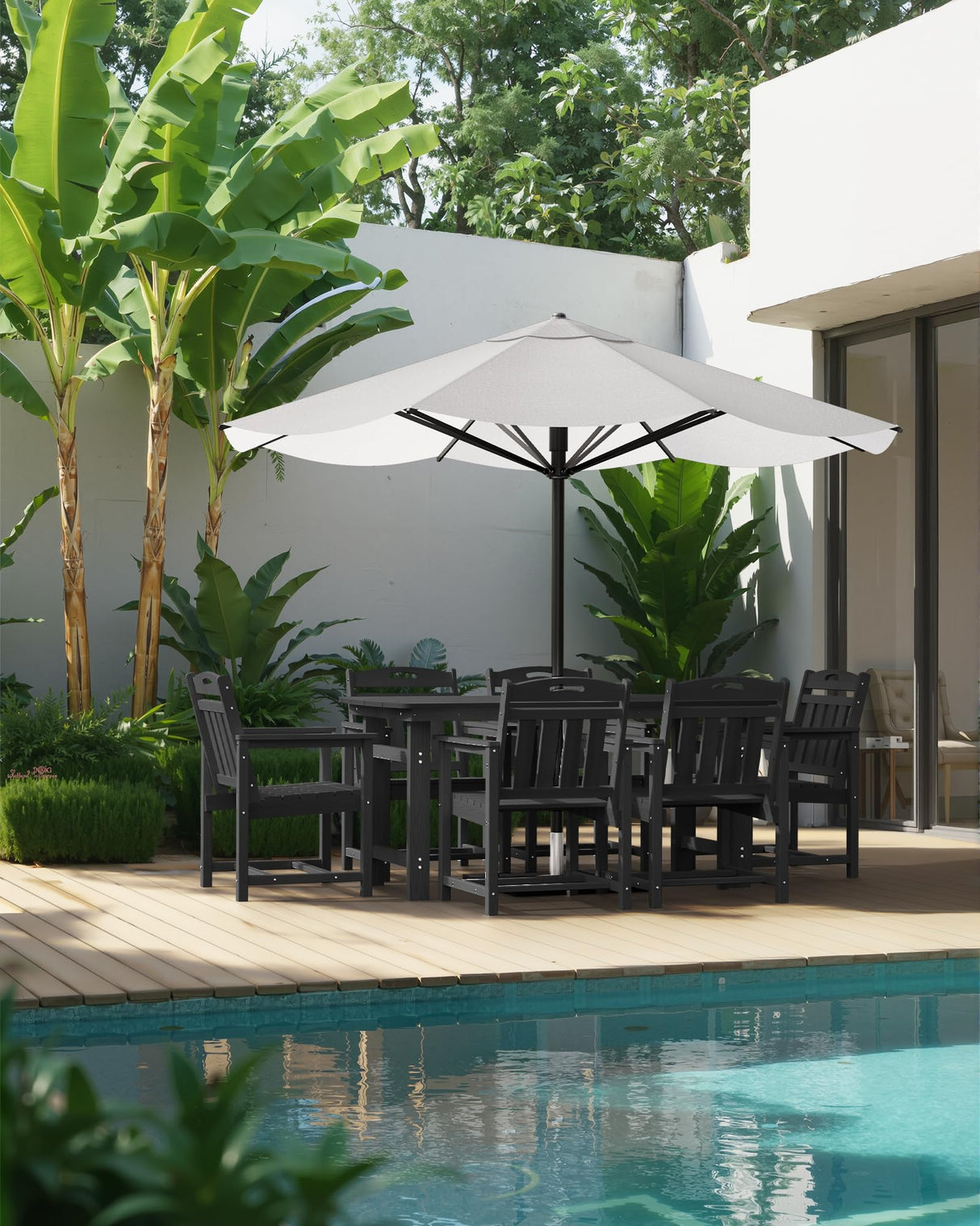 SUUNYN HDPE Outdoor Patio Dining Set with Table & 6 Chairs, All-Weather 7-Piece Outdoor Table and Chairs, 2" Umbrella Hole, Patio Furniture for Garden, Backyard, Deck | Matte Black SUUNYN