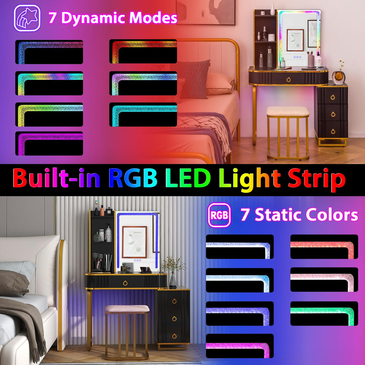 CHARMAID RBG LED Makeup Vanity Table, Colorful Lighted Mirror, 7 Dynamic & 7 Static Modes, 3-drawer Chest, 3 Shelves, Large Drawer, Girls Vanity Desk Dressing Table with Stool CHARMAID