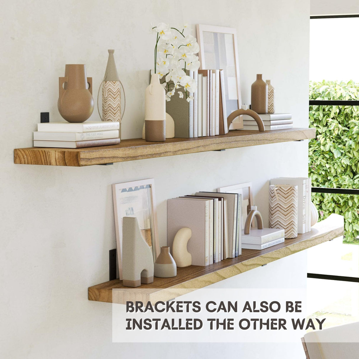 Wallniture Cervo 72"x9.5" Floating Shelves for Wall, Living Room Wall Book Shelf, Kitchen Floating Shelves with Metal Heavy Duty Brackets, Burnt Finish, Wood Set of 2 Wallniture