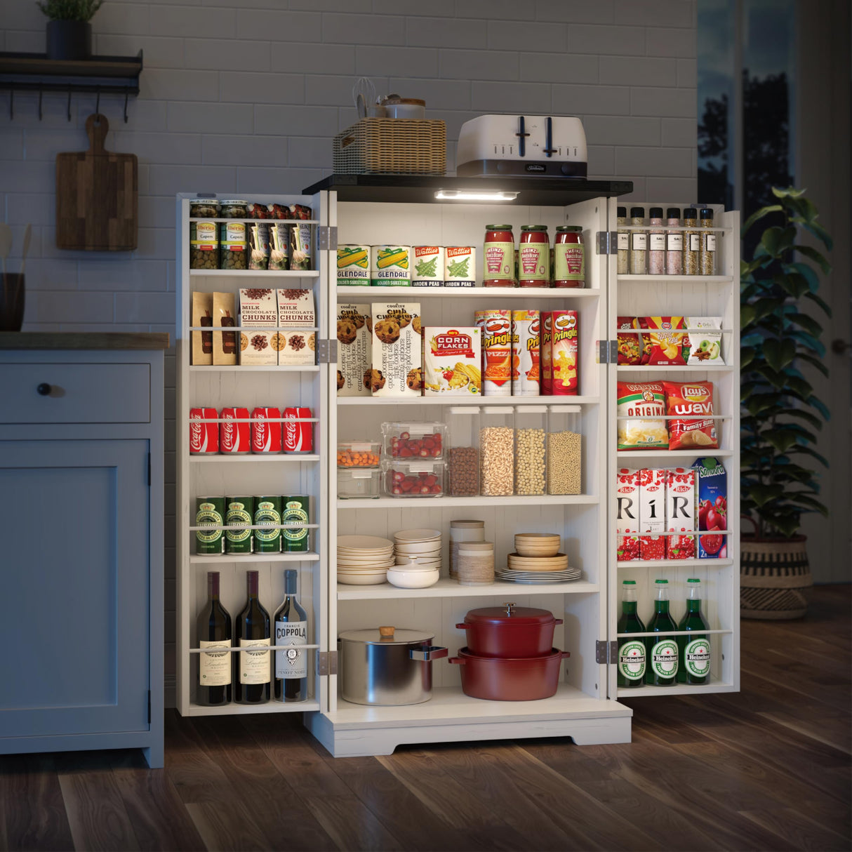 50" Kitchen Pantry Farmhouse Storage Cabinets - Led Food Cabinets Cupboards with 2 Barn Doors and Shelves Adjustable for Small Space in Dinning or Living Room, in Distressed White Furnaza