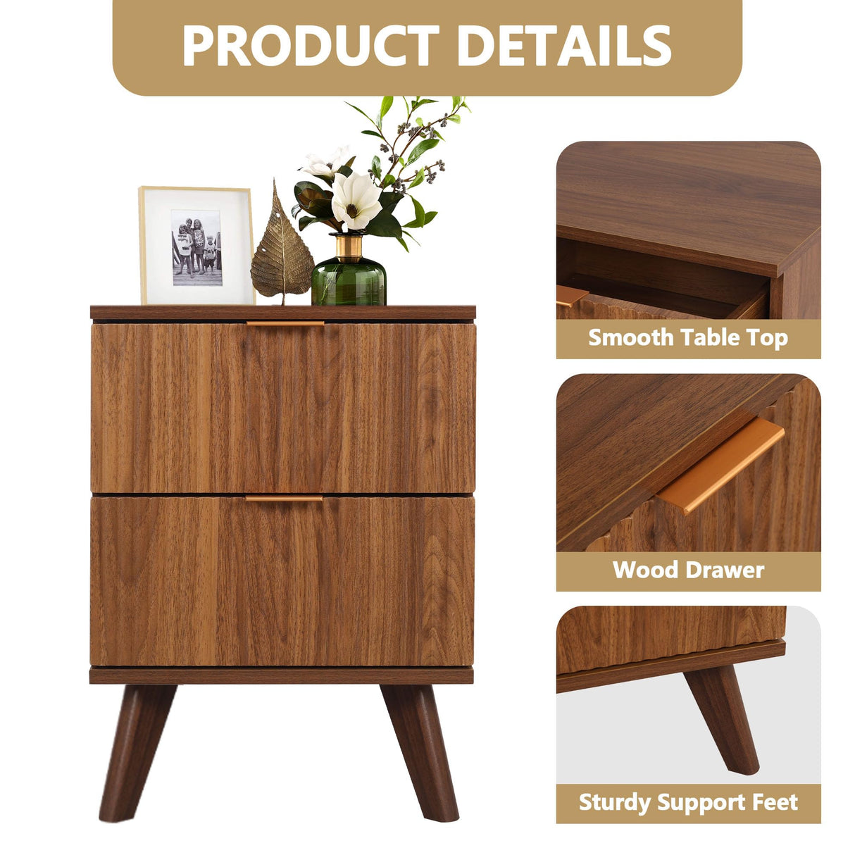 XUZENEST Fluted Nightstand Set of 2, Mid Century Modern 2 Drawer Dresser for Bedroom, Small Dresser Night Stand Side Table End Table with Wood Fluted Drawer Storage for Bedroom Closet(Walnut) XUZENEST