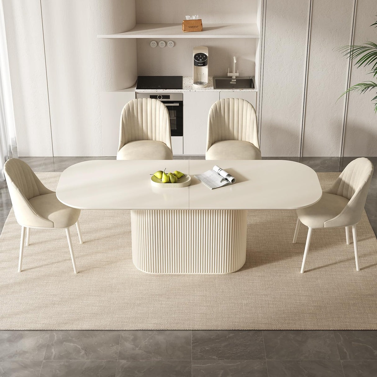 Guyii 86.61" Oval Dining Table, Modern Kitchen Table for 8 People, Indoor Rectangular Dining Room Table for Kitchen, Bar, Living Room, Home, Cream White, Table Only Guyii