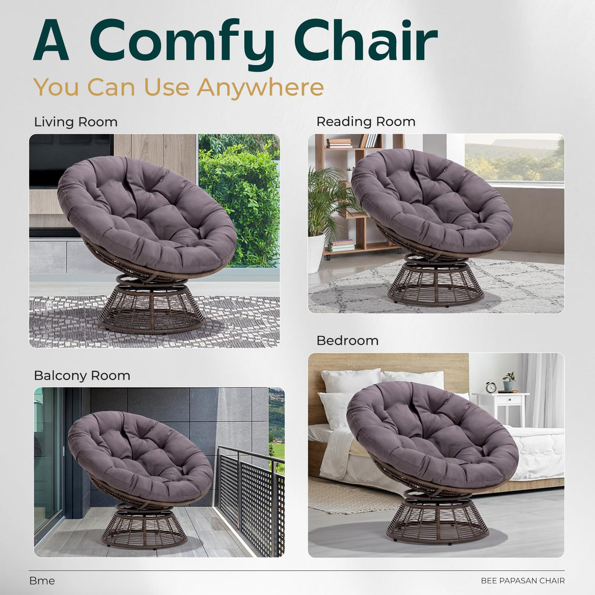 Bme Smoky - Brown Bee Base 40" Ergonomic Wicker Papasan Chair with Soft Thick Density Fabric Cushion, Bee-Designed Base, High Capacity Steel Frame, 360 Degree Swivel for Living, Bedroom, Reading Room Bme