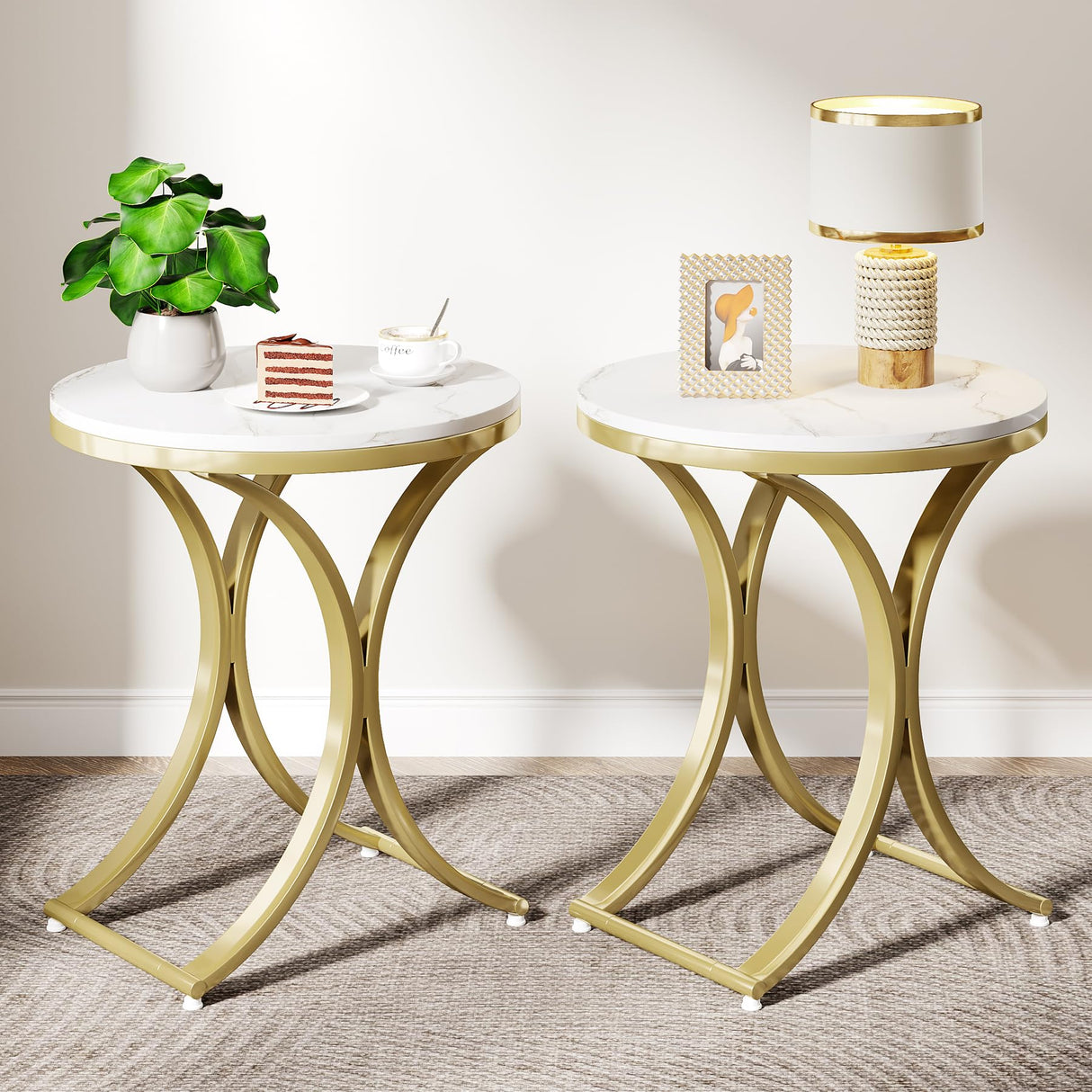 Tribesigns White and Gold End Table Small Round Faux Marble Sofa Side Table (1) Tribesigns