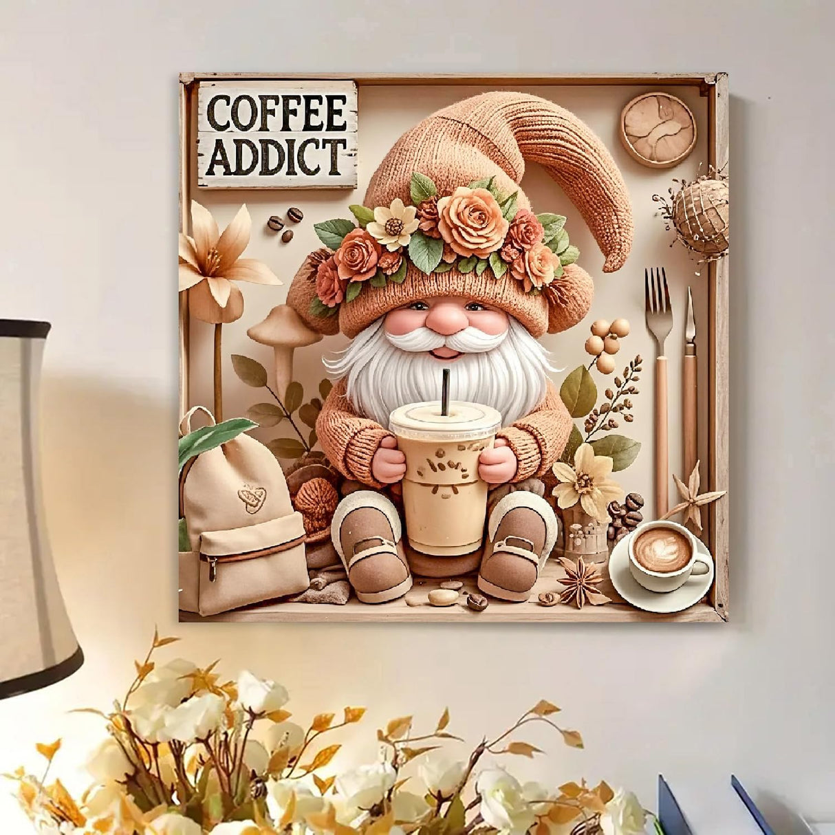 LWZAYS Gnome Diamond Art Kits for Adults, Coffee Drinks Diamond Painting Art Kits for Beginner, DIY 5D Full Drill Crystal Rhinestone Round Gem for Home Wall Decor 14x14 Inch LWZAYS