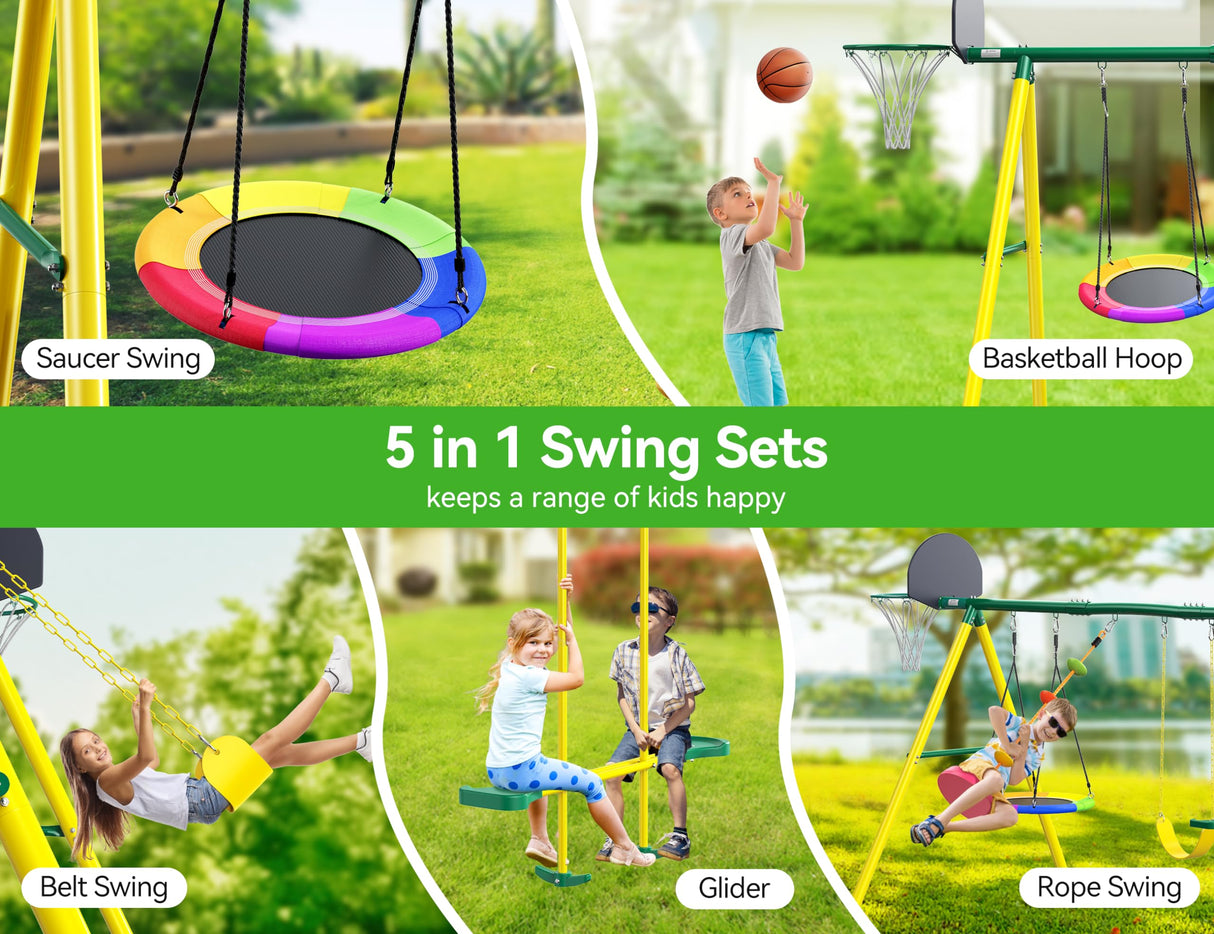 Osoeri Swing Sets for Backyard, 5-in-1 Kids Swing Set, Outdoor Swing Set with Saucer Swing, Glider, Rope Swing, and Basketball Hoop Osoeri