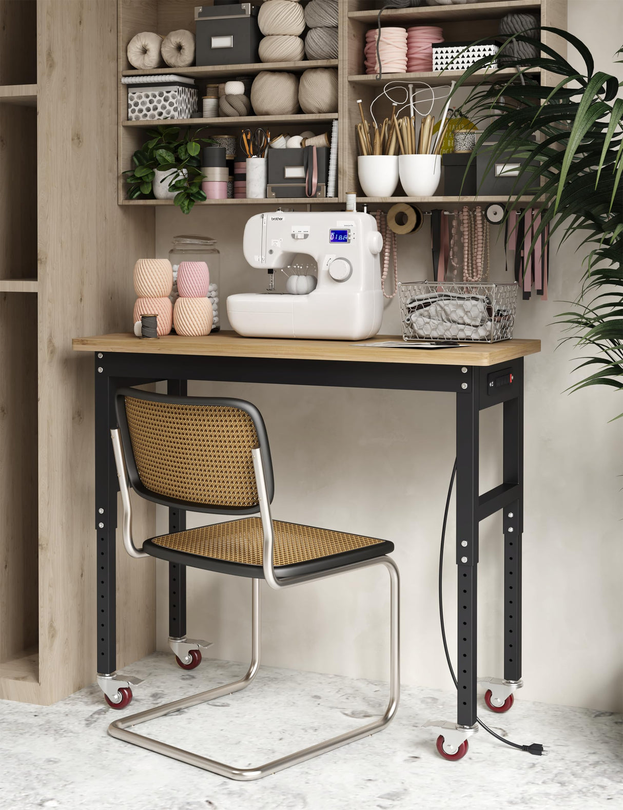 GarveeTech 60 Inch Work Benches for Garage, Adjustable Height Work Table with Power Outlets, 2000 LBS Capacity Rubber Wood Top Heavy Duty Workbench for Cutting Wood Woodworking Shop Home Office GarveeTech