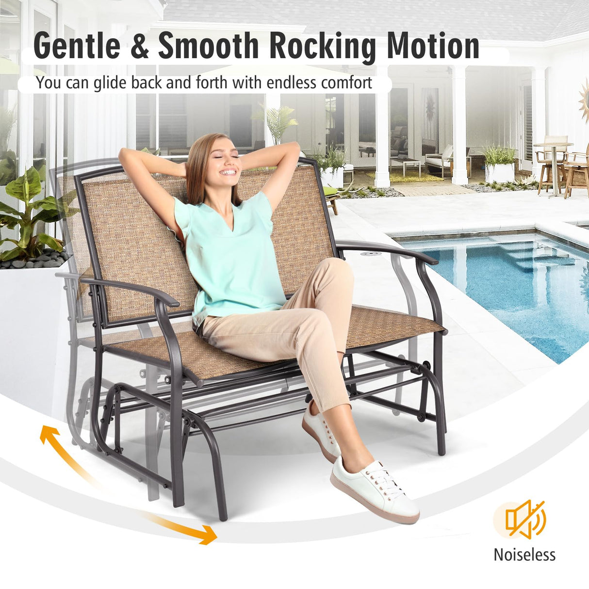 Tangkula 2-Person Patio Glider Bench, Outdoor Rocker Glider Loveseat Chair W/Heavy-Duty Steel Frame, Breathable Seat Fabric, Rocking Lounge Chair for Poolside, Garden, Backyard (Brown) Tangkula