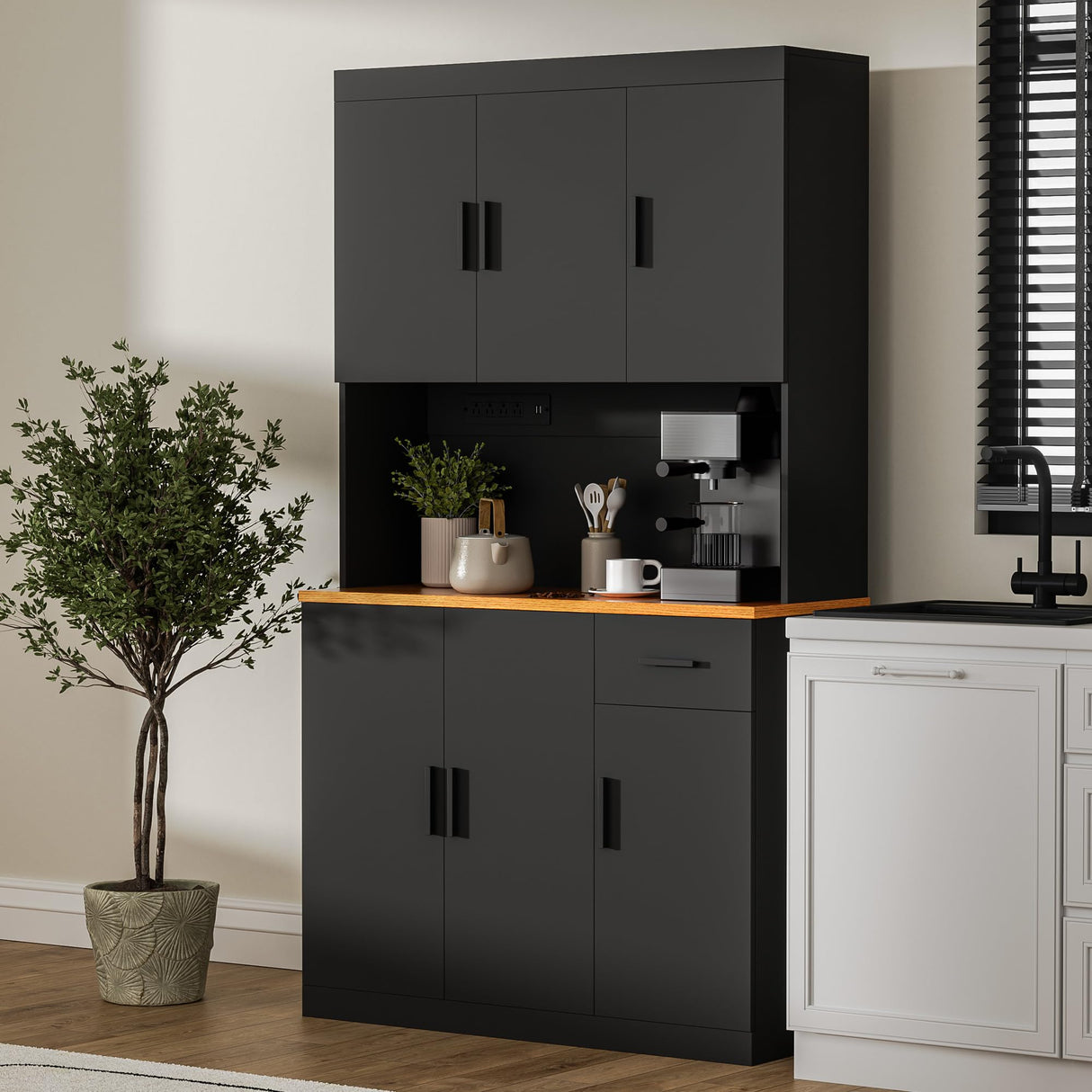 DIYART Black Kitchen Pantry Cabinet, 71" Tall Kitchen Storage Cabinet with Power Outlet, Freestanding Kitchen Hutch with countertop DIYART