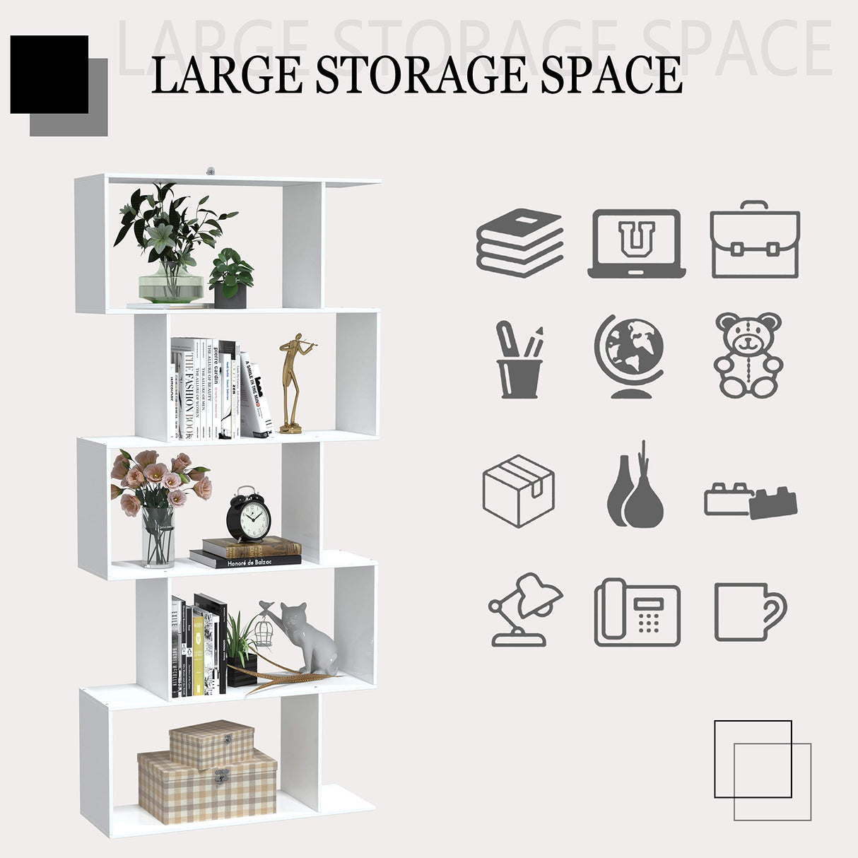 Yusong Modern 5-Tier Geometric Bookcase in White - Stylish S-Shaped Bookshelf for Home & Office Yusong