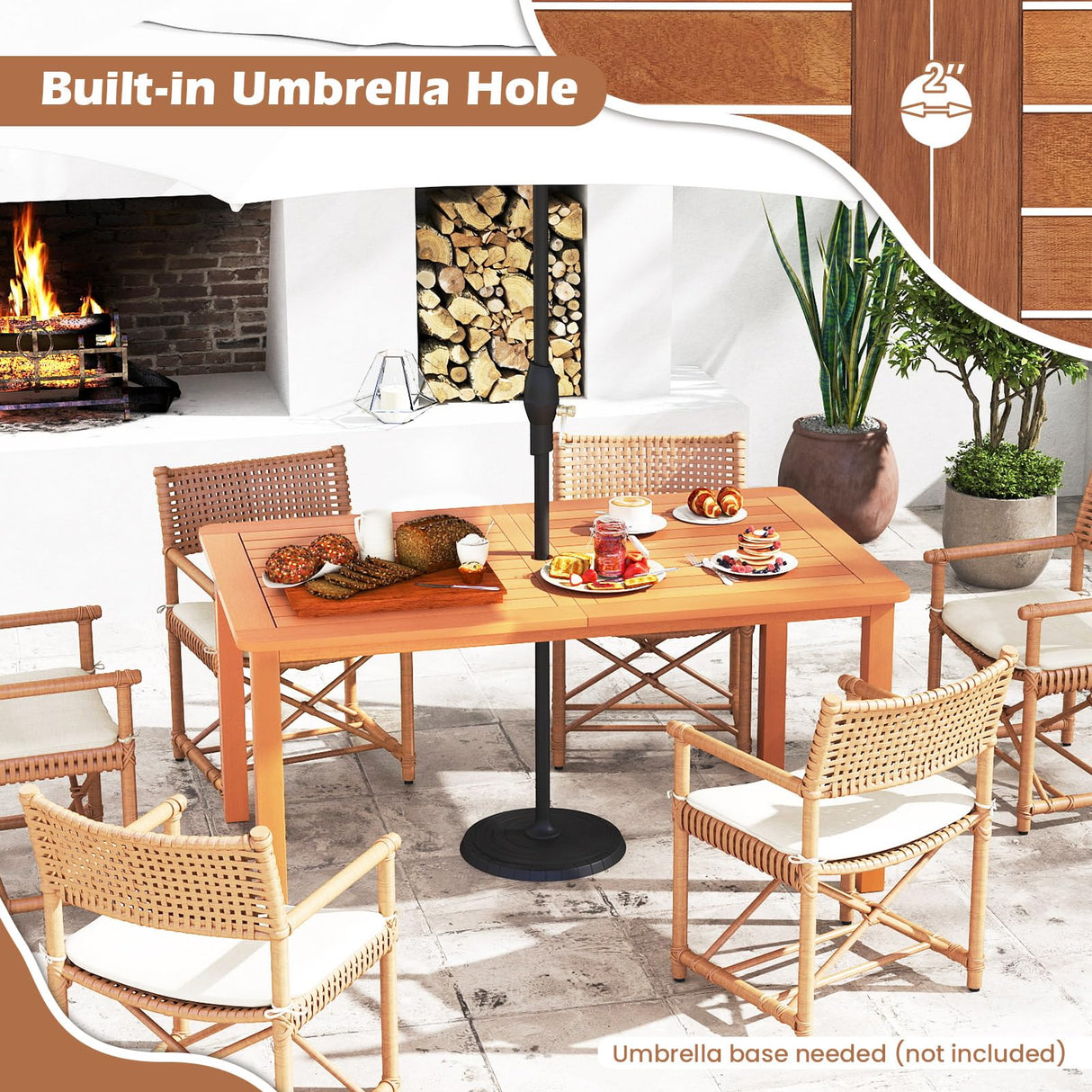 Tangkula 7 Pieces Outdoor Dining Set for 6, Patio Solid Wood Slatted Rectangular Dinner Table and Armchairs Set w/Umbrella Hole, Teak Oil Finish, for Lawn, Deck, Yard, Porch and Poolside Tangkula