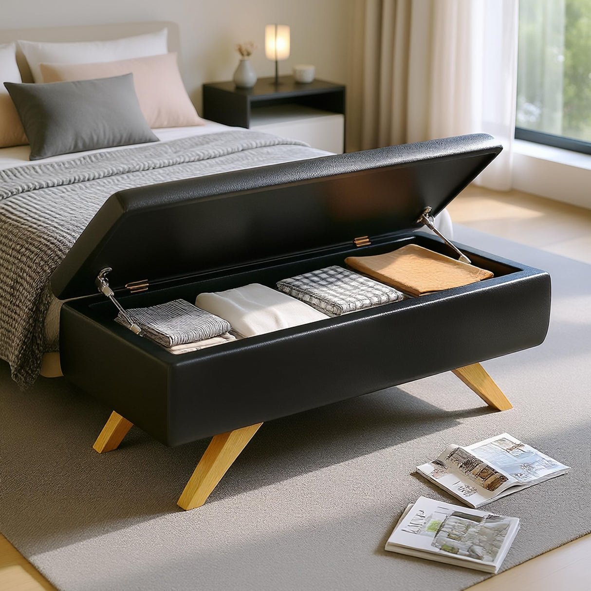 VECELO 44.1" Ottoman with Storage, Storage Ottoman Bench with 2 Gas Spring Lid Supports, PU Leather Upholstery, Solid Wood Legs, Black Shoe Bench for Bedroom, Living Room, Entryway VECELO