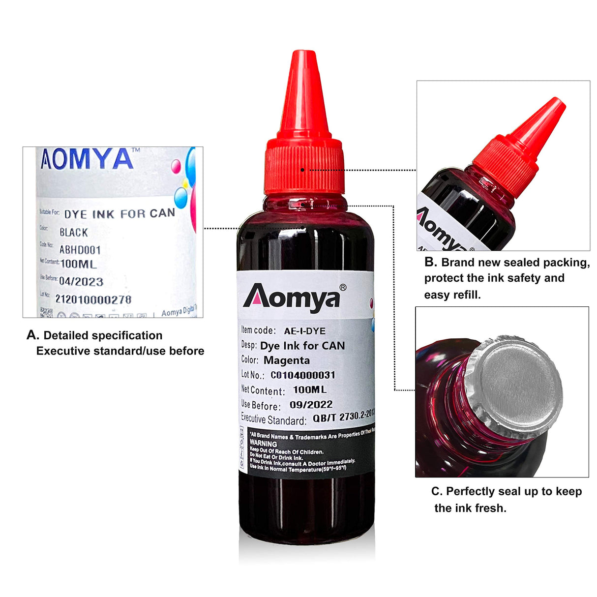 Aomya Ink Refill kit for Canon PG240 CL241 PG245 CL246 PG-243 CL-244 Refillable Ink Cartridge PIXMA MG3620 MG2522 MG2525 TS3322 4 Color Set 100ml (3BK, C, M, Y) Aomya